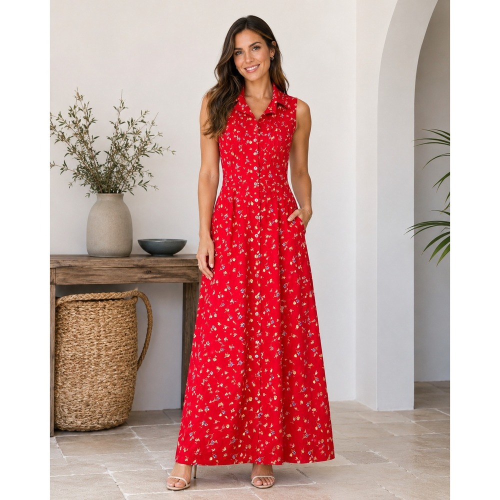 Robbie Bee Vintage Red Floral Button Front Sleeveless Maxi Dress Size 12 Rayon